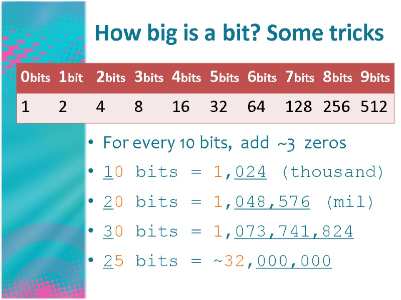 How big is a bit? Some tricks    For every 10 bits,